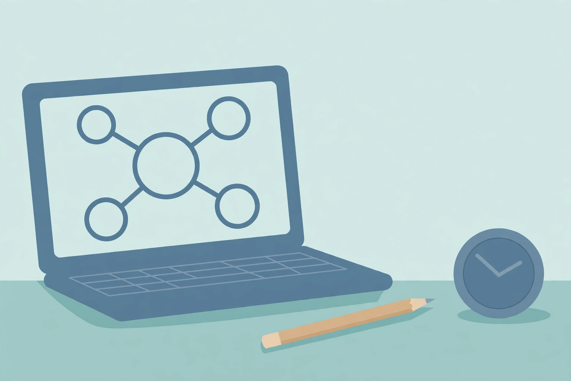 Illustration of a laptop with a test screen, a pencil and a clock