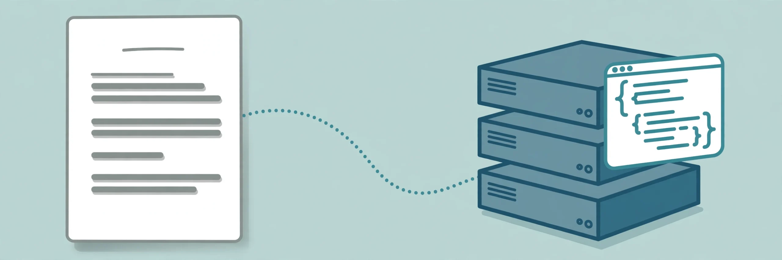 Illustration of a resume beside a server stack and a code window