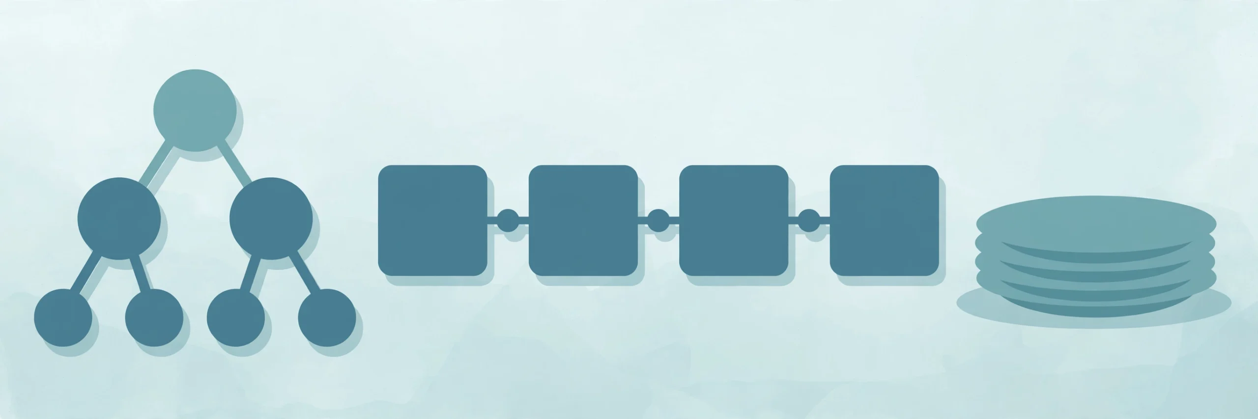 Illustration of a data-structures diagram with a tree, linked squares and a stack