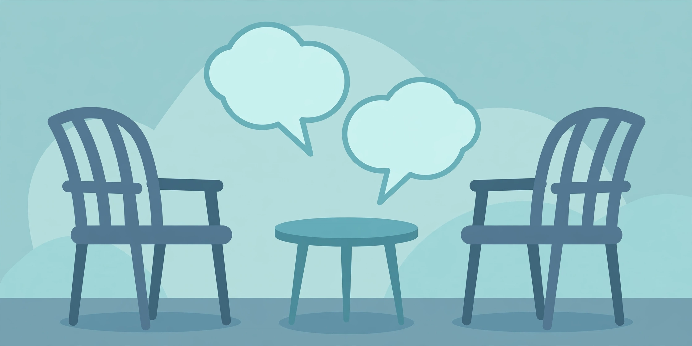 Illustration of two chairs and a table with blank speech bubbles