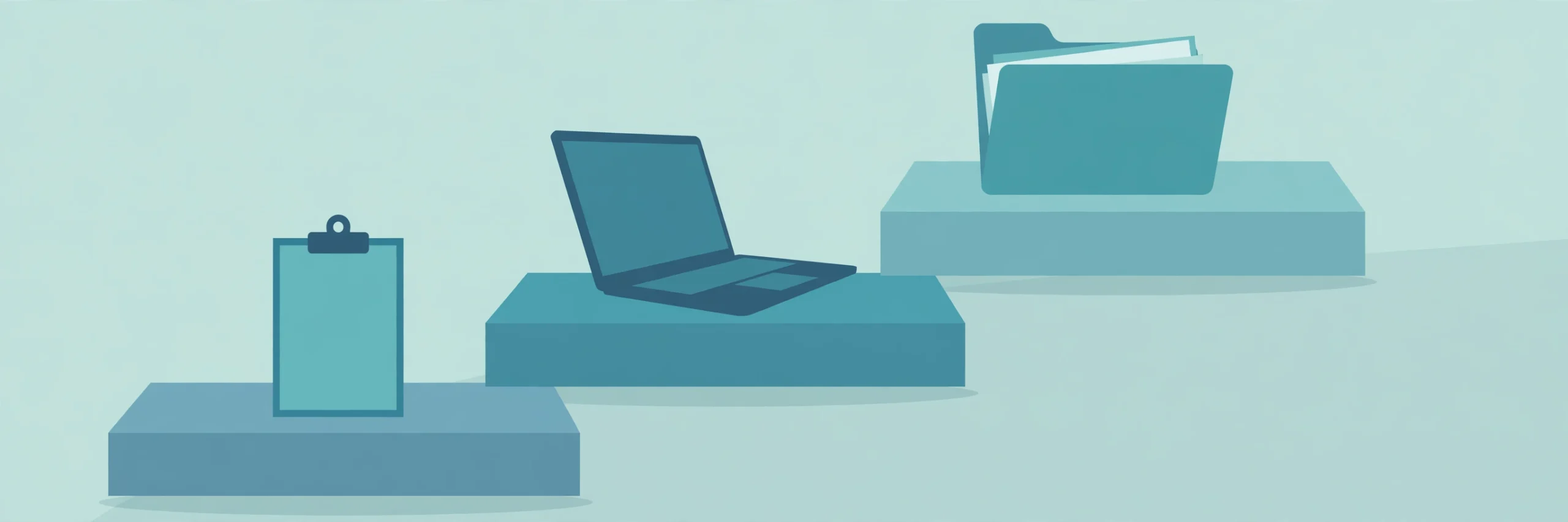 Illustration of a three-step staircase with a clipboard, a laptop and a folder