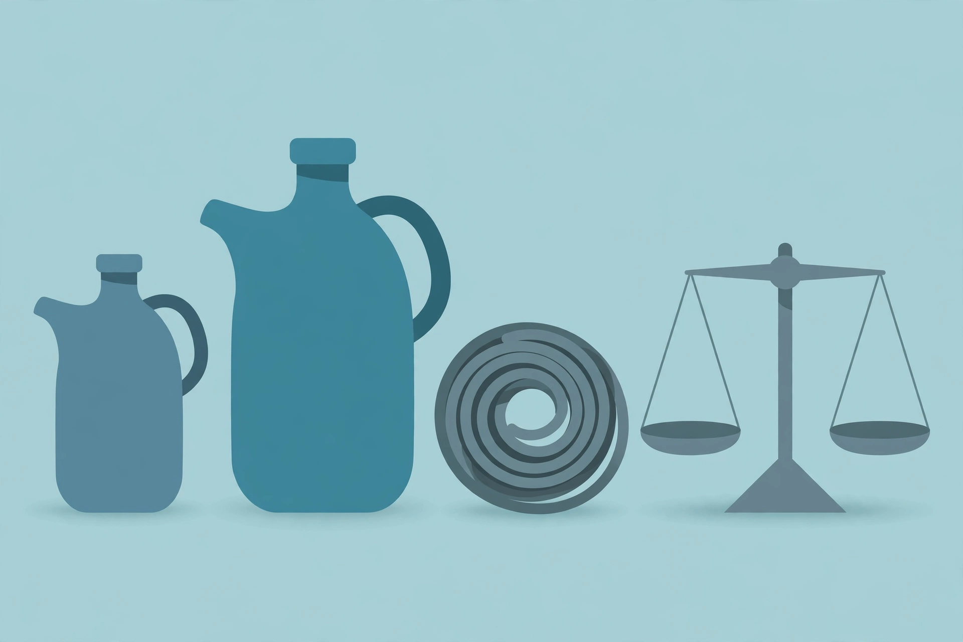 Illustration of two water jugs, a rope and a balance scale
