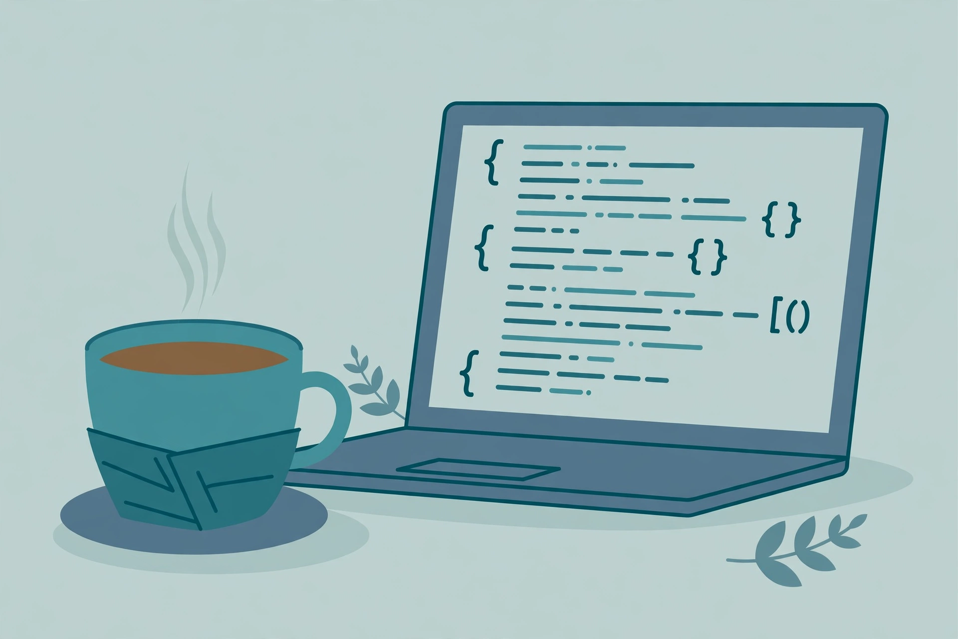 Illustration of a coffee cup beside a laptop with a code window