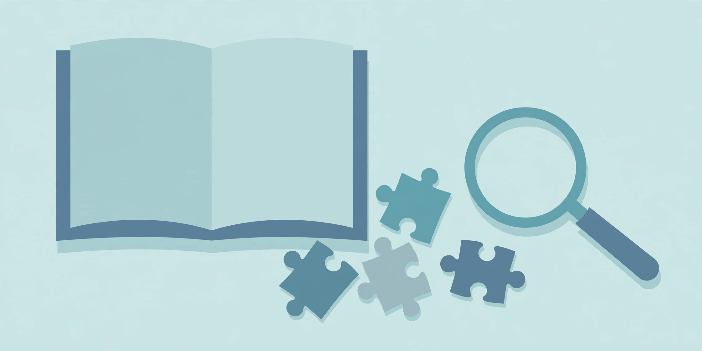 Illustration of an open book with puzzle pieces and a magnifying glass