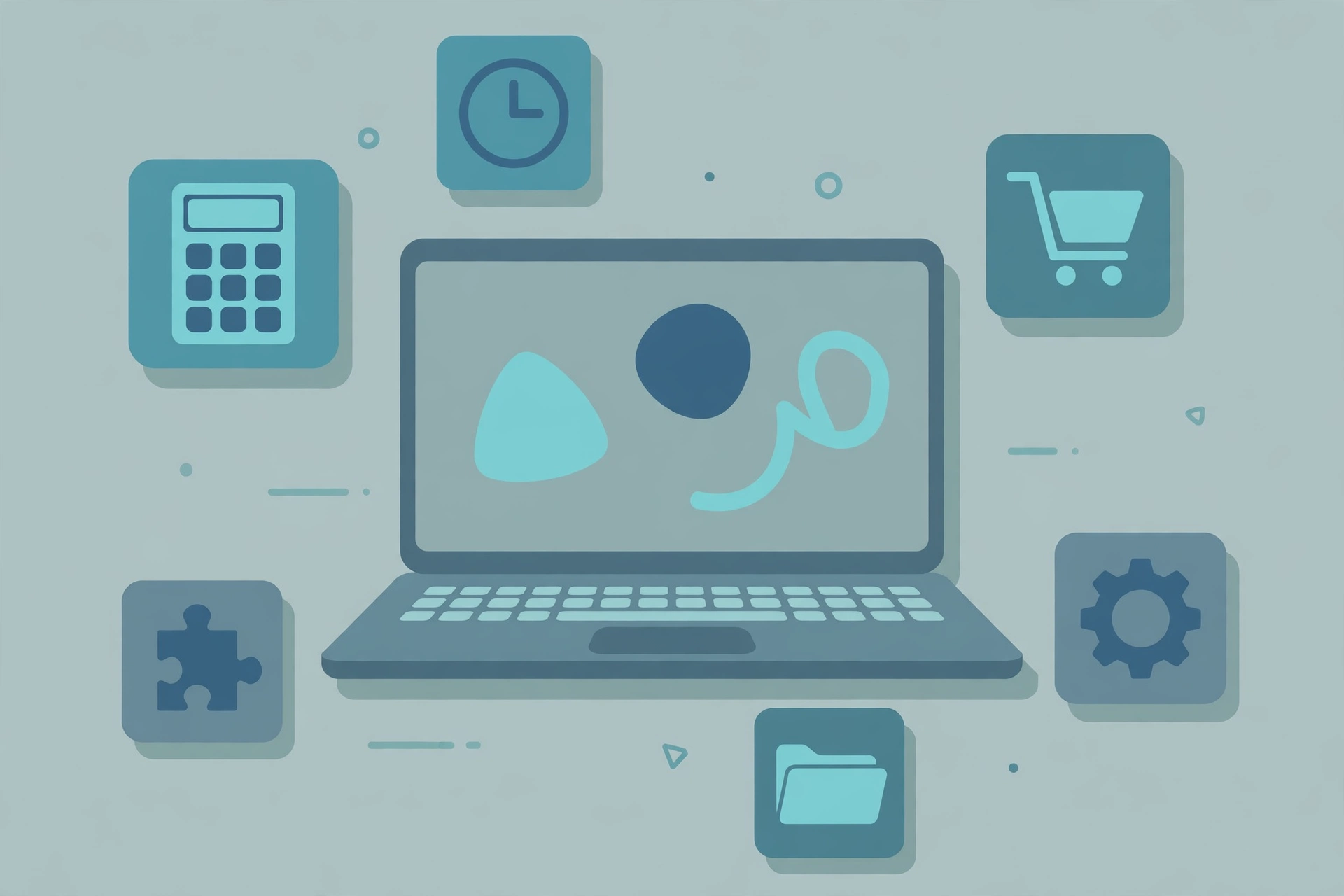 Illustration of a laptop surrounded by small project tiles