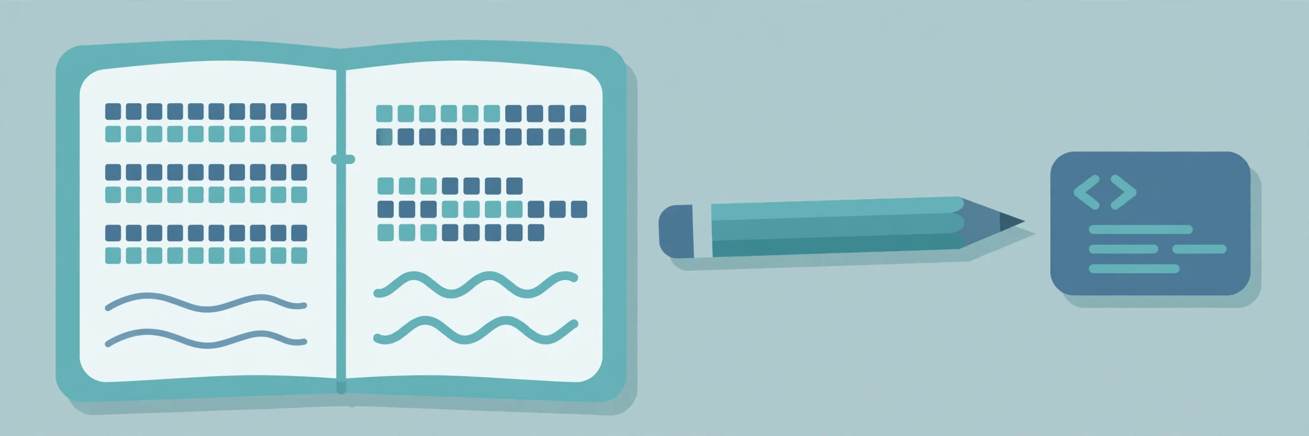 Illustration of a notebook with rows of squares and wavy lines and a pencil