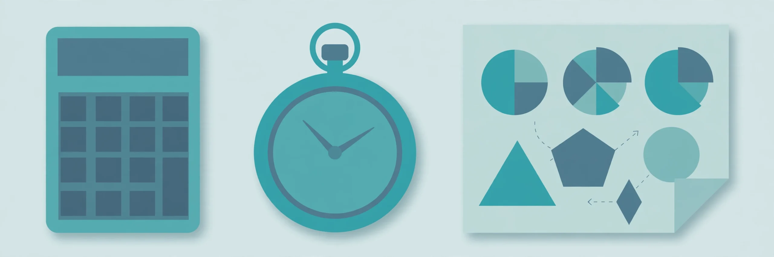 Illustration of a calculator, a stopwatch and a sheet with chart shapes