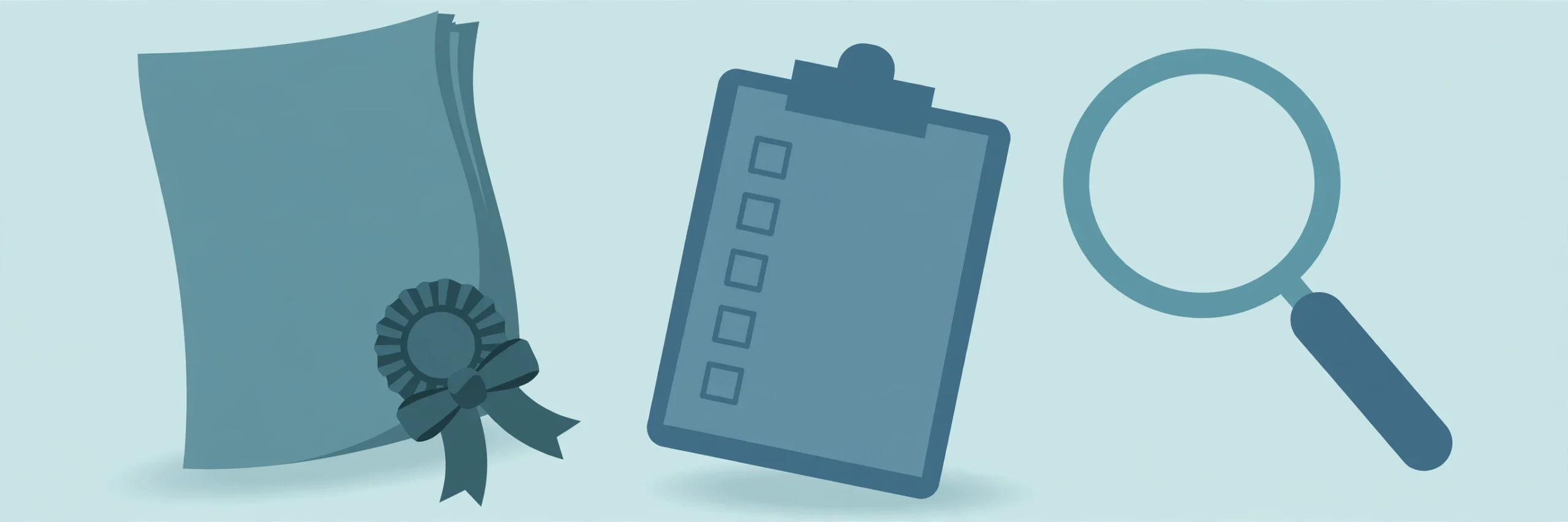 Illustration of a document with a seal, a checklist and a magnifying glass