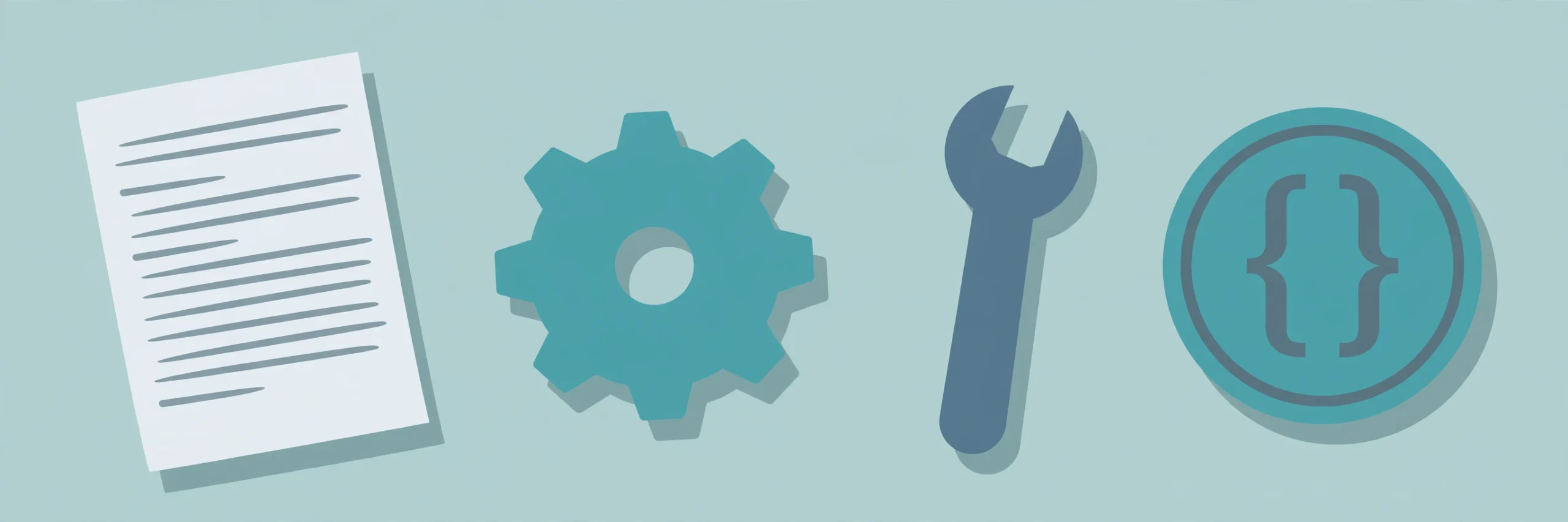 Illustration of a document beside a gear, a wrench and a code symbol