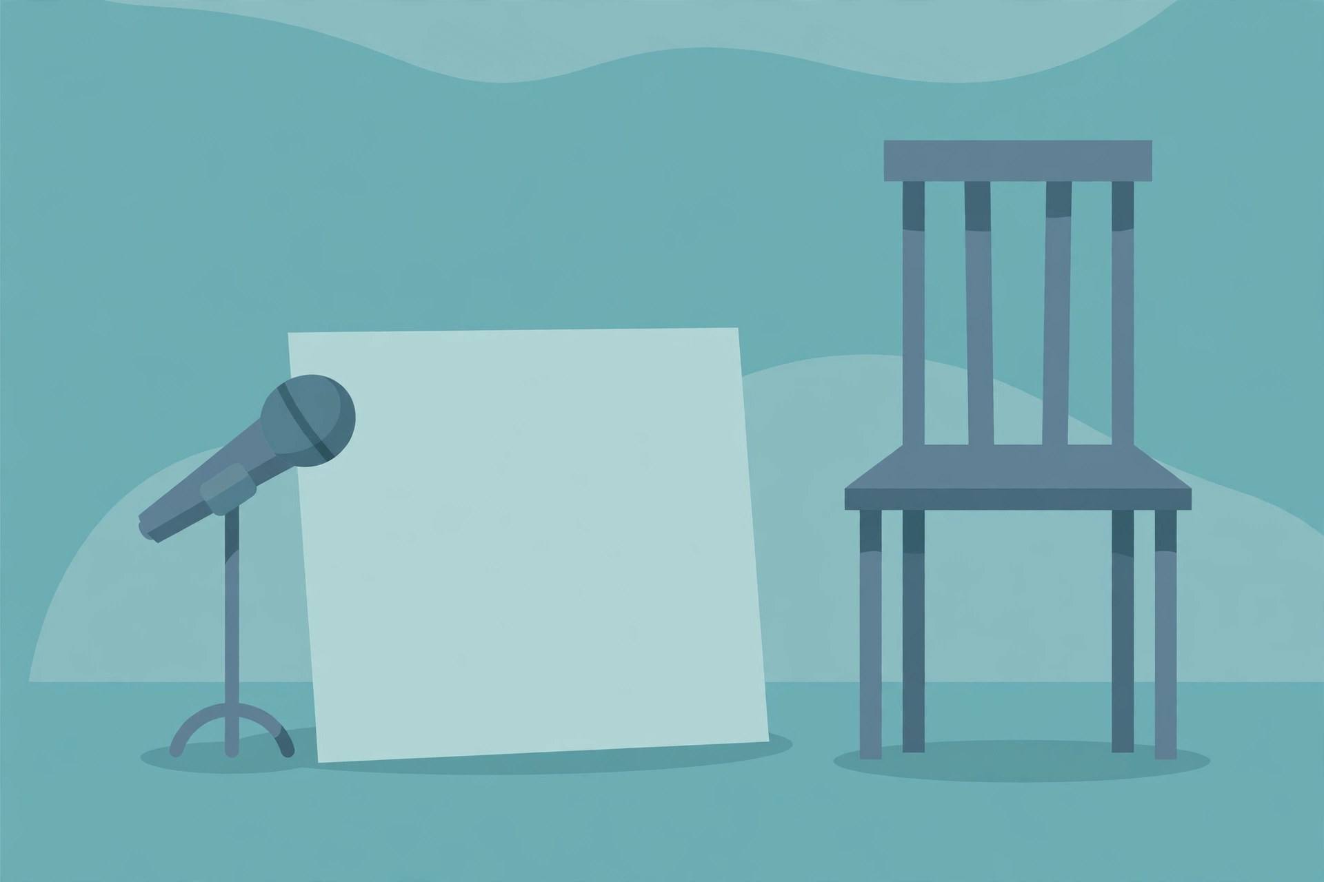 Illustration of a microphone, a presentation card and a chair